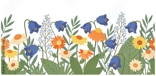 Wallpaper Mural Cute horizontal floral poster decorated with gorgeous colorful blooming flowers and leaves. Spring botanical illustration on white background.  Torontodigital.ca