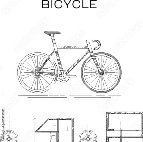 Create a bike, bicycle, Architectural Drawings people vector illustration, top view, human person Minimal style hand drawn. Sections, Elevations, Floor Plans. vector art with white background.