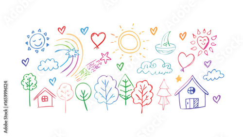 Colorful doodle elements with houses and trees rainbow