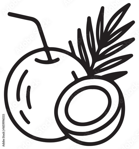 Simple line art coconut with straw and palm frond