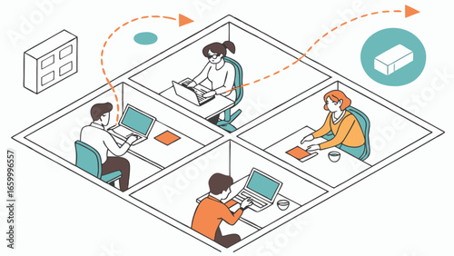 Isometric Illustration of People Working on Laptops in Cubicles.
