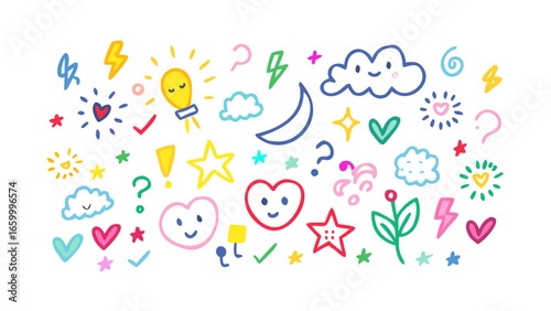 Colorful doodles of hearts stars clouds and lightning