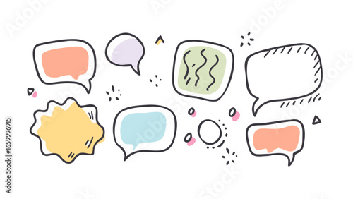 Colorful hand drawn speech bubbles and doodles dialogue