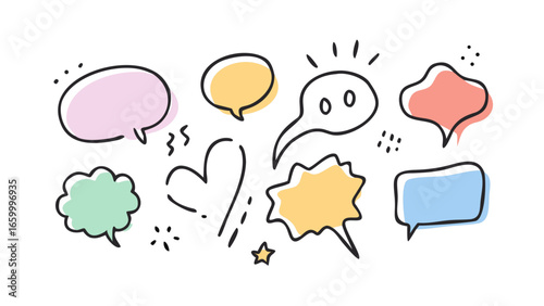 Colorful hand drawn speech bubbles and shapes dialogue