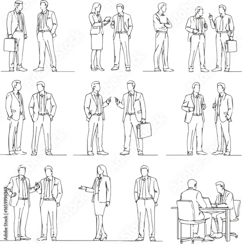 Create a Business people line cad art of business men and women standing walking talking working in front back and side view. Symbol for architecture and landscape design drawing. vector art