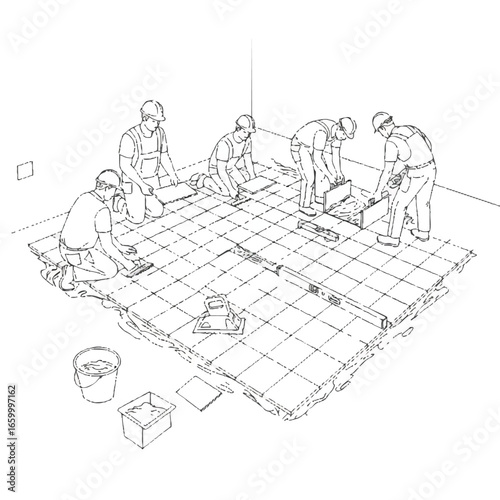 A group of construction workers diligently installing floor tiles in a room, demonstrating the precise process of home renovation and building.