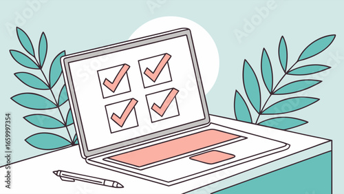 Laptop Displaying Checklist with Four Checked Boxes.