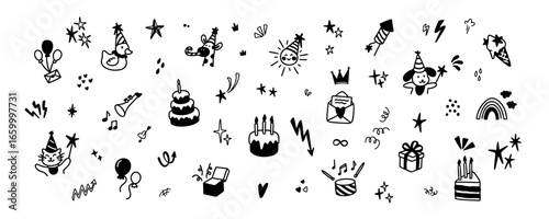 Cute line doodle baby birthday background graphic design. Childish whimsical crayon scribbles. Icons, elements, stickers for celebration cards, invitation. Confetti, twinkle, star, heart drawing
