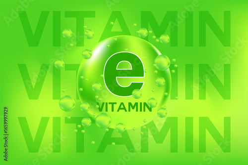 Vitamin E glowing 3D green icon, fluid flowing bubble fizz, liquid droplet, watercolor background with copy space. Fresh nutrition supplement product vector illustration, water vitamin drink banner.
