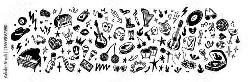 Hand drawn doodle rock, punk, pop music girly background. Woman bachelorette, Birthday, Christmas, New year party design. Karaoke and disco club. Whimsical crayon drawing. Martini glass