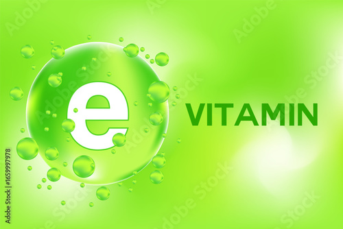 Vitamin E glowing 3D green icon, fluid flowing bubble fizz, liquid droplet, watercolor background with copy space. Fresh nutrition supplement product vector illustration, water vitamin drink banner.