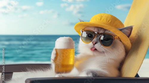 A cute cat in a yellow summer hat and sunglasses, enjoying a cold beer while relaxing on a beach chair with the ocean breeze in the background.
