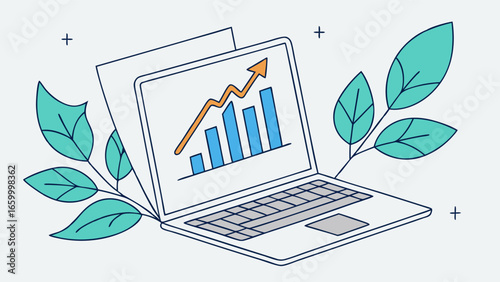 Laptop Displaying Growth Chart with Decorative Leaves.