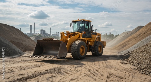 Yellow Wheel Loader at a Construction Site with Piles of Materials and Industrial Buildings in the Background under a Cloudy Sky