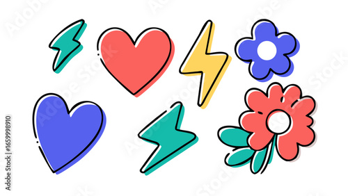 Colorful hearts lightning bolts and flowers coral yellow