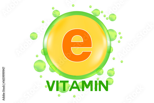 Vitamin E glowing 3D green icon, fluid flowing bubble fizz, liquid droplet, design element isolated, transparent background. Fresh nutrition supplement product vector illustration.