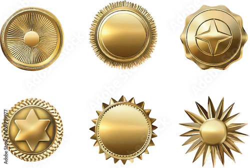 Assortment of six golden decorative seals and starbursts on white gold seal golden seal