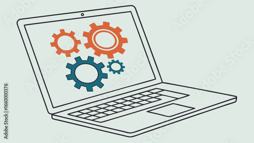 Laptop with Gear Icons Representing Technology and Settings.