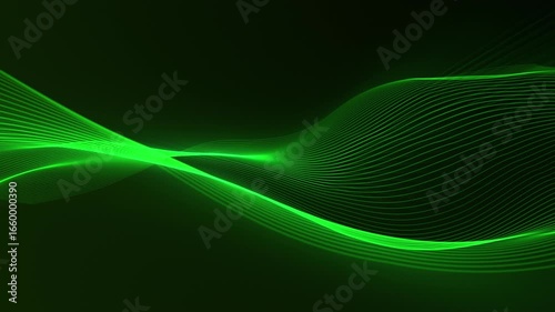 Dynamic green lines flow across a dark background, creating a futuristic abstract design.