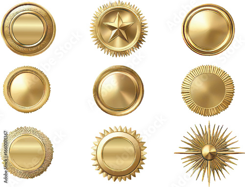 Collection of Nine Golden Decorative Circular Emblems and Medallions with Intricate Designs