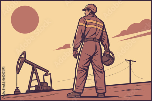 Oil field worker illustration standing near pump jack in industrial landscape