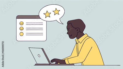 Man Using Laptop with Feedback and Star Ratings Illustration.