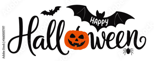 Happy Halloween Party Text Banner Vector – Spooky Black & Orange Halloween Design