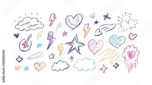 Hand drawn colorful doodle icons hearts