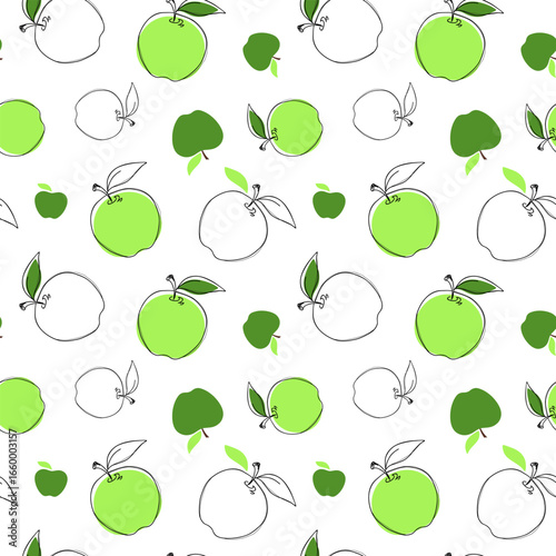 Green apples with outline on white background, seamless pattern, vector illustration, flat design. A modern fruit element for labels, decorations, fabrics, packaging, wrapping paper, hand-painted