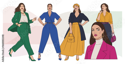 Diverse group of women in stylish outfits, showcasing modern fashion trends and body positivity