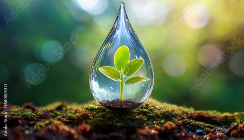 a vibrant seedling thriving within a glistening water droplet symbolizing earth s healing and renewal shown with a soft lush background