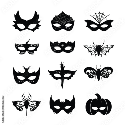 Halloween Masquerade Mask isolated in White background, silhouette Set, Halloween theme, Vector illustration
