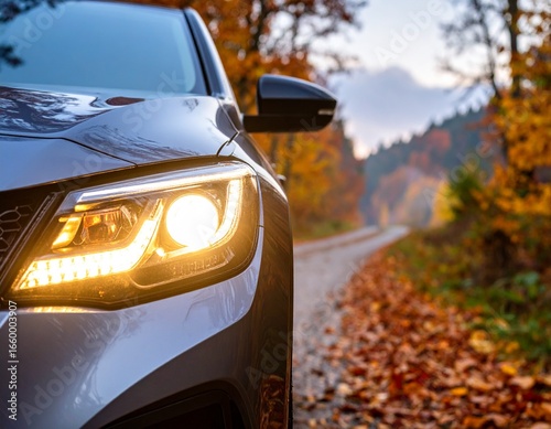 Frontscheinwerfer eines PKWs im Herbst in der Dämmerung