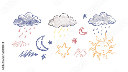 Hand drawn weather elements and celestial bodies clouds