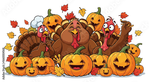 A vibrant cartoon illustration depicting cheerful turkeys and smiling pumpkins, surrounded by colorful autumn leaves, perfectly capturing the festive spirit of harvest season.