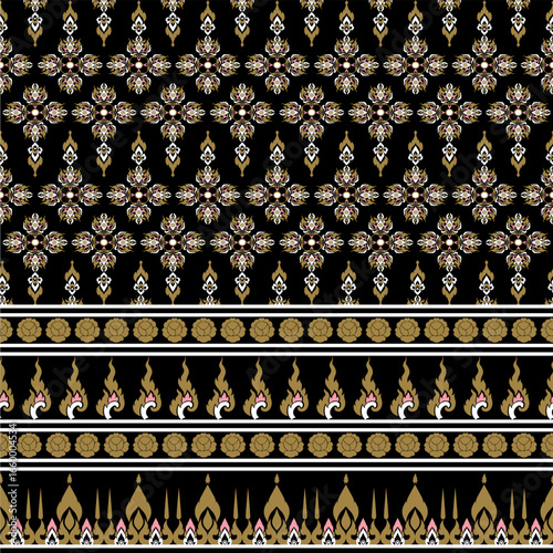 Black and gold Thai style seamless pattern. Vector illustratio n desing digital file download for print, wallpaper, background, texture, textile, decoration, ornament, traditional and many projects.