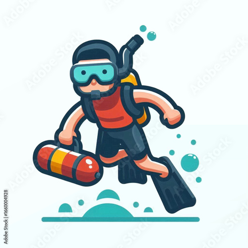 Cartoon diver holds striped tank wears mask flippers surrounded by bubbles above stylized water