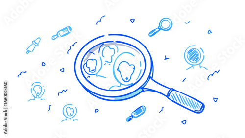 Magnifying glass over abstract shapes and figures research