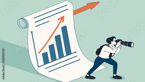 Photographer Capturing Growth Chart with Rising Arrow and Bar Graph.