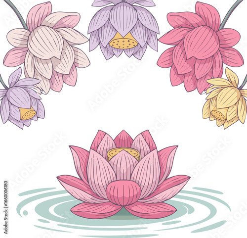 Create a kinds of lotus illustration vector for cute design element banner vector art with white background.