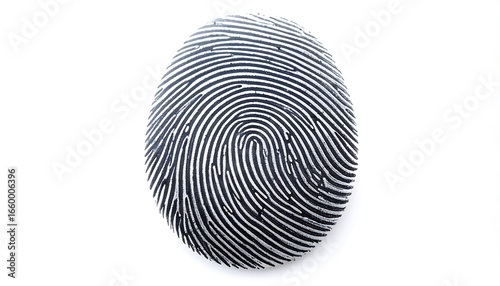 A circular design, imprinted with a detailed fingerprint pattern, stands out against a plain white background.