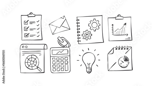 Office doodles checklist calculator lightbulb clipboard