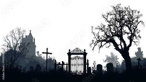 Illustration of a cemetery with crosses and trees on transparent background PNG