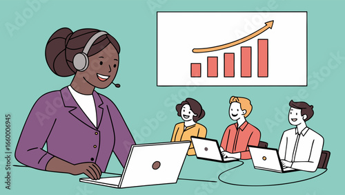 Smiling African American Woman with Headset at Laptop in Business Meeting.