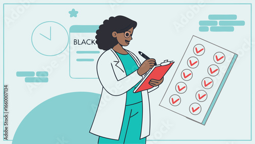 Smiling Black Female Doctor Completing Checklist with Pen and Clipboard.