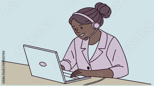 Smiling Black Woman Customer Service Agent Working on Laptop 1.