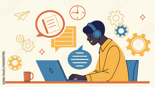 Smiling Black Male Customer Service Representative Working on Laptop.