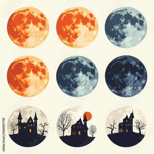 Halloween Moon Phases isolated in White background, silhouette Set, Halloween theme, Vector illustration