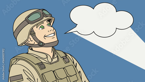 Smiling Soldier in Helmet and Body Armor with Speech Bubble.