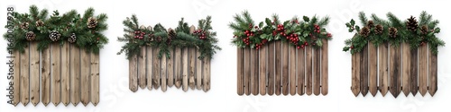 Wooden fence with holiday garlands, Christmas decorations, pinecones, and berries.